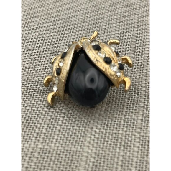 Ladybug Black Gold Tone Brooch Clear Rhinestones 1" - Picture 8 of 11